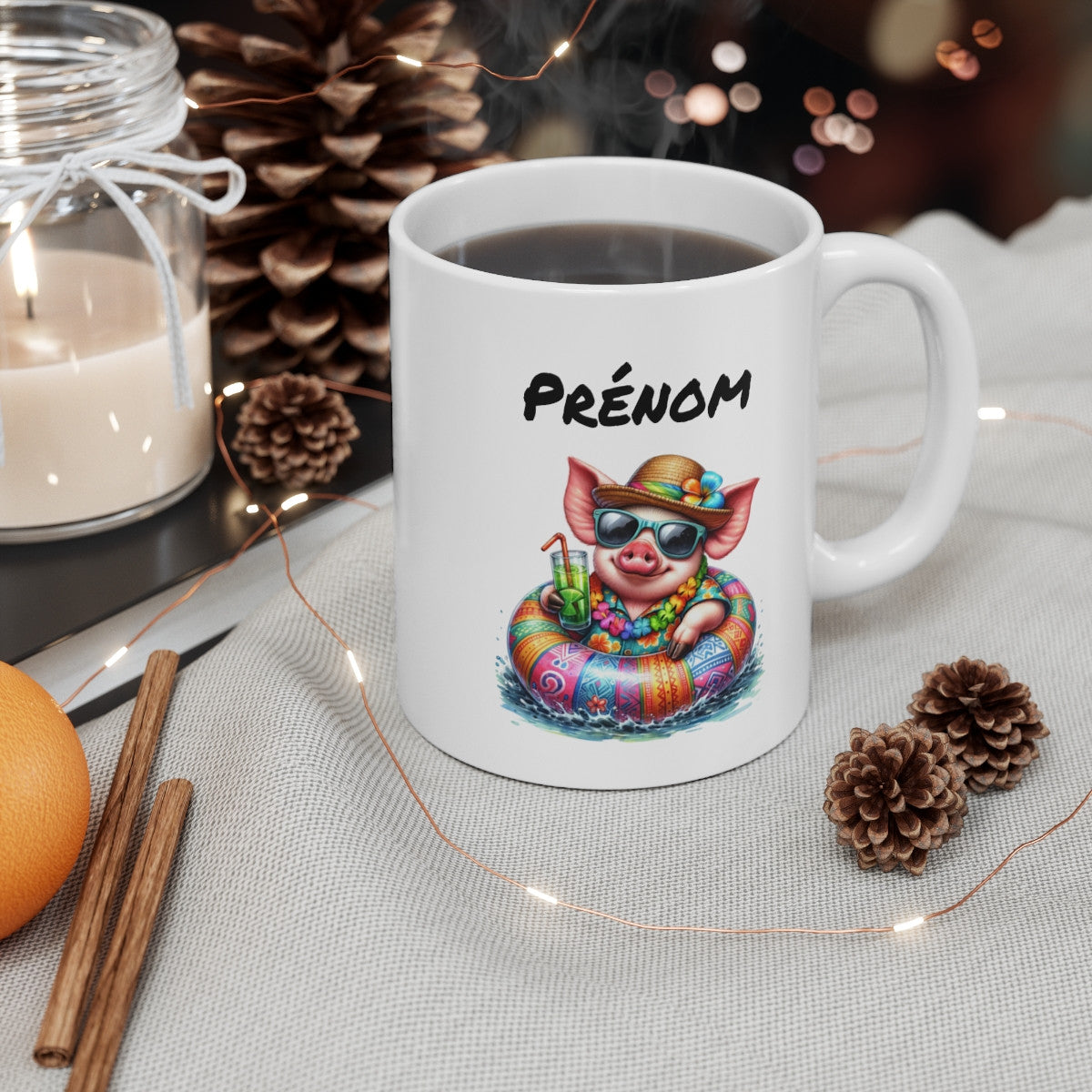 Mug Cochon Vacancier – Tasse Été Tropical avec Cochon en Bouée – Cadeau Fun et Coloré