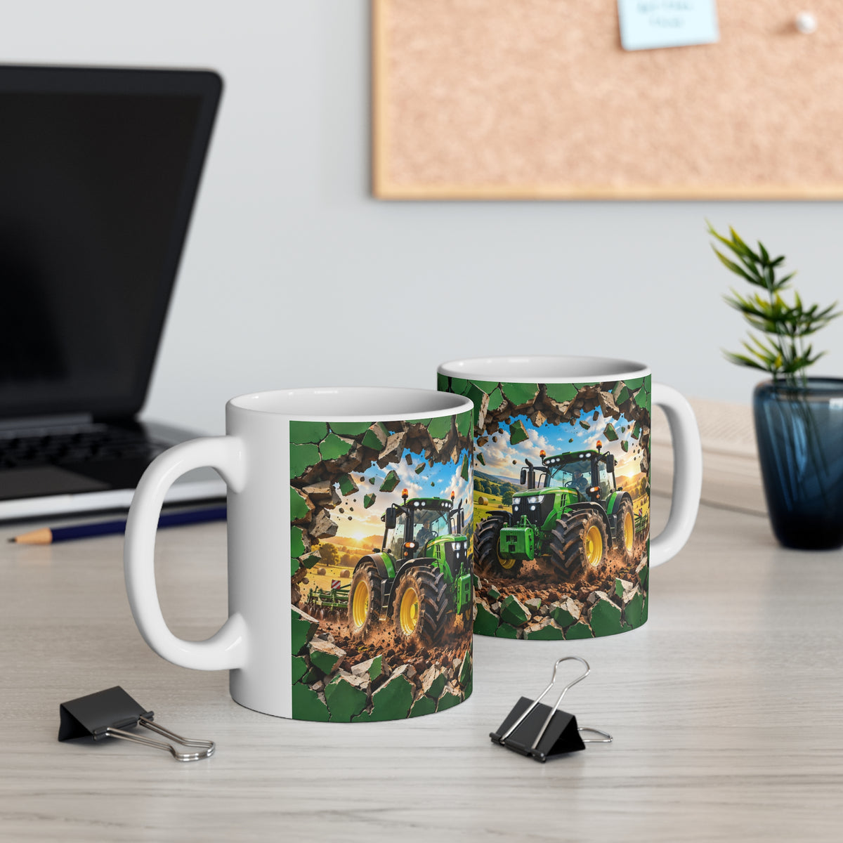 Mug Tracteur Agricole Vert – Tasse Agriculture avec Champ et Effet Mur Brisé – Cadeau Original Agriculteur Passionné de Tracteurs