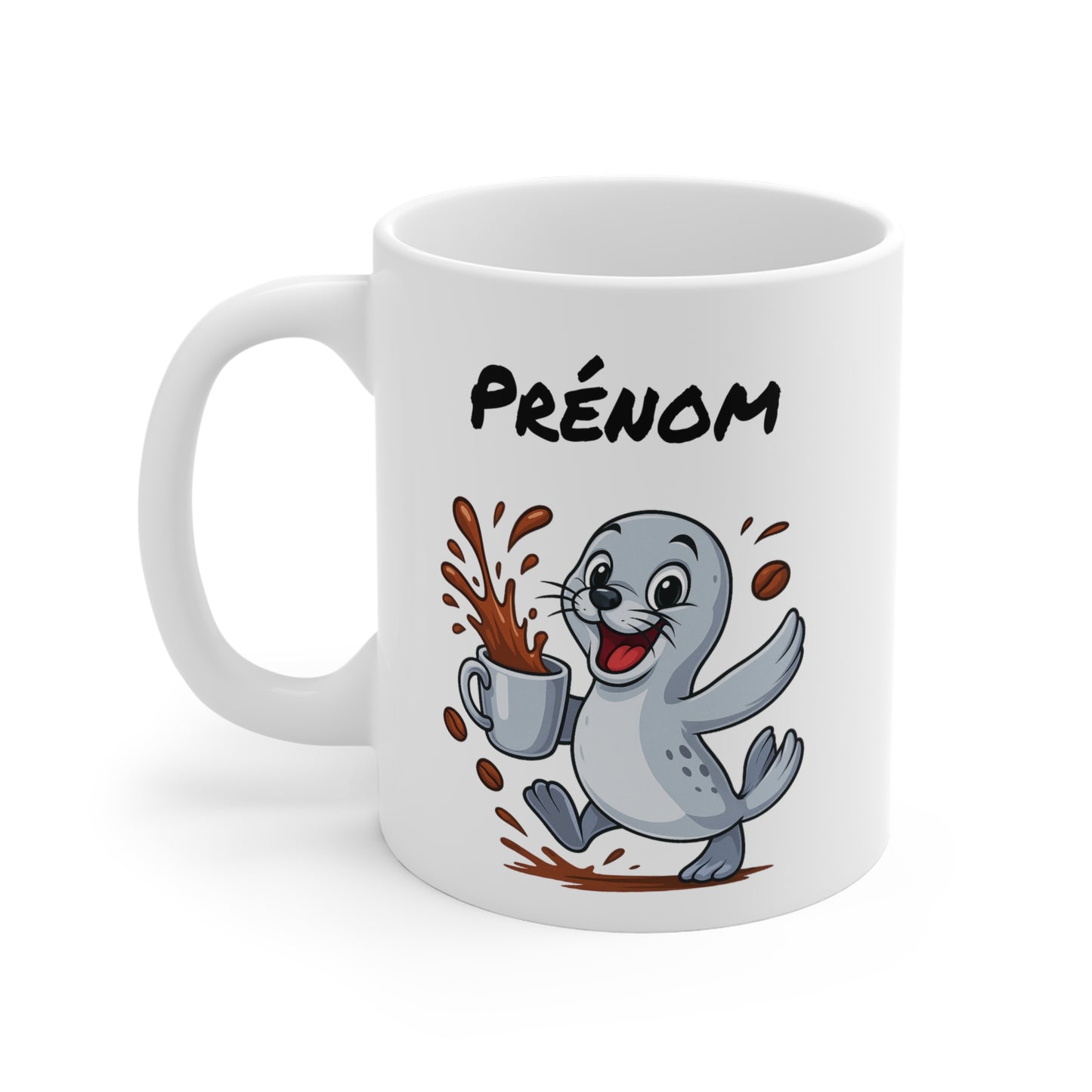 Tasse Personnalisable Phoque Café – Mug Prénom Animal Cartoon Céramique 325ml – Cadeau Original