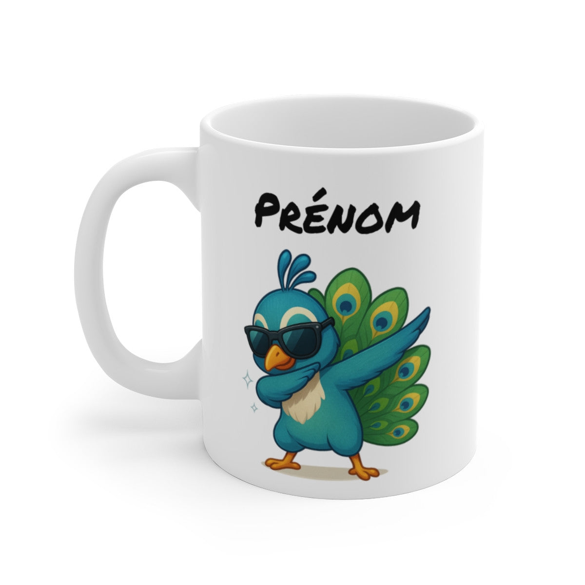 Mug Personnalisé Paon qui Dab – Illustration Tropicale Colorée avec Prénom – Cadeau Oiseau Stylé et Rigolo