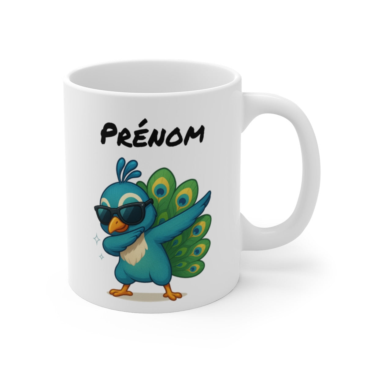 Mug Personnalisé Paon qui Dab – Illustration Tropicale Colorée avec Prénom – Cadeau Oiseau Stylé et Rigolo