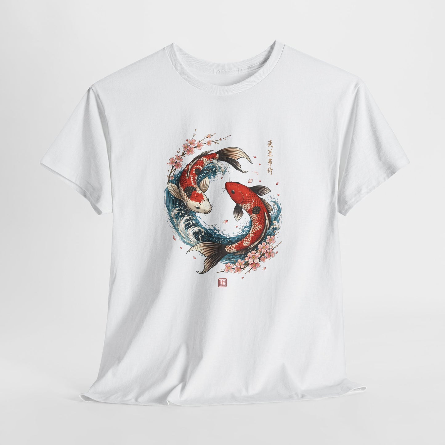 T-Shirt Carpe Koi Japonaise Yin Yang – Design Sakura et Vagues – Tee-Shirt Art Japonais Traditionnel