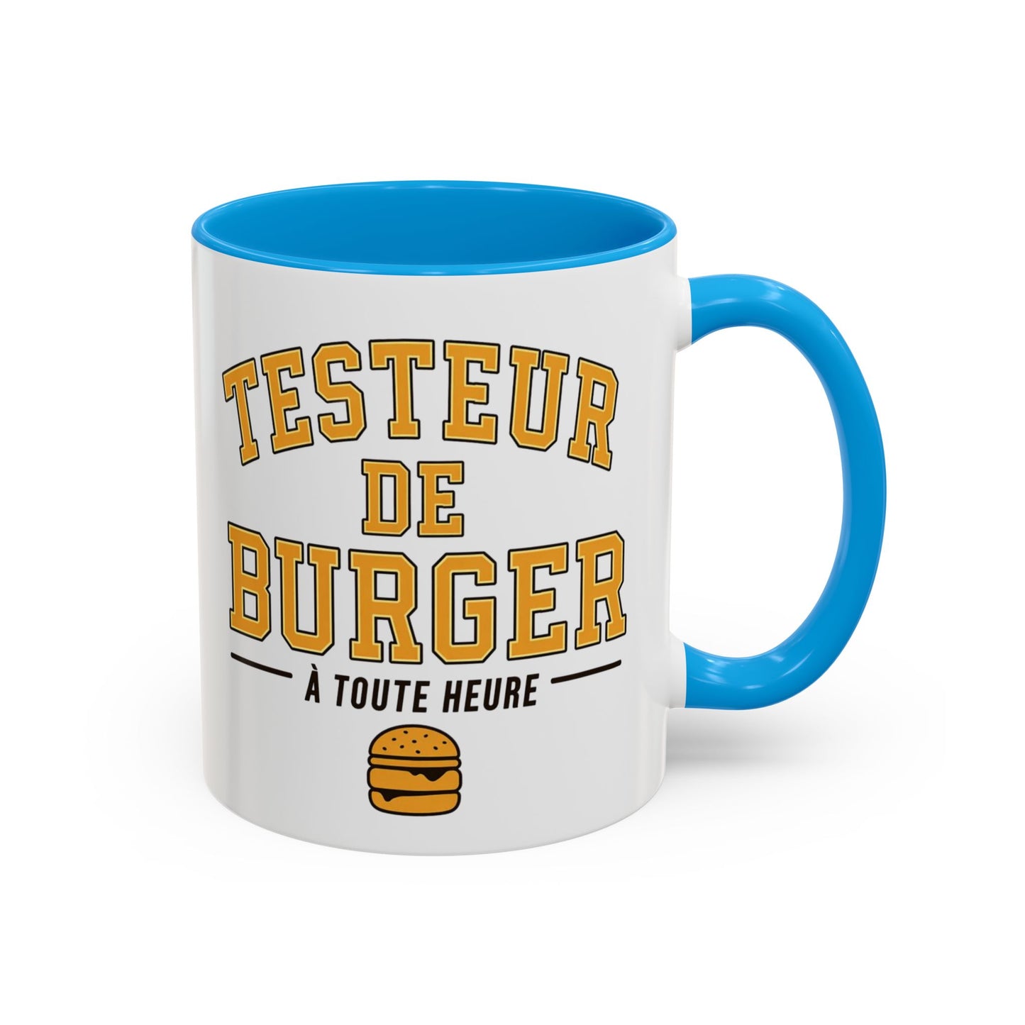 Mug Testeur de Burger – Tasse Humoristique Fast Food et Hamburger – Cadeau Gourmand Original – Céramique 325ml Noir Bleu Rouge