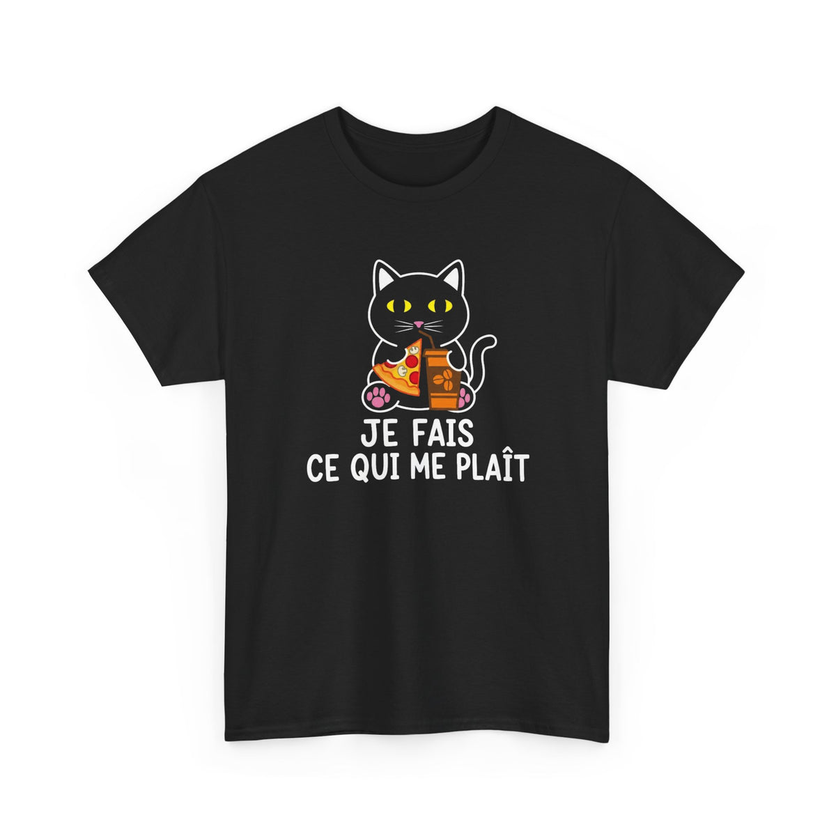 Tee Shirt Chat Homme Femme – Chat Pizza et Café Humour – Idée Cadeau Drôle Amoureux des Chats Gourmand