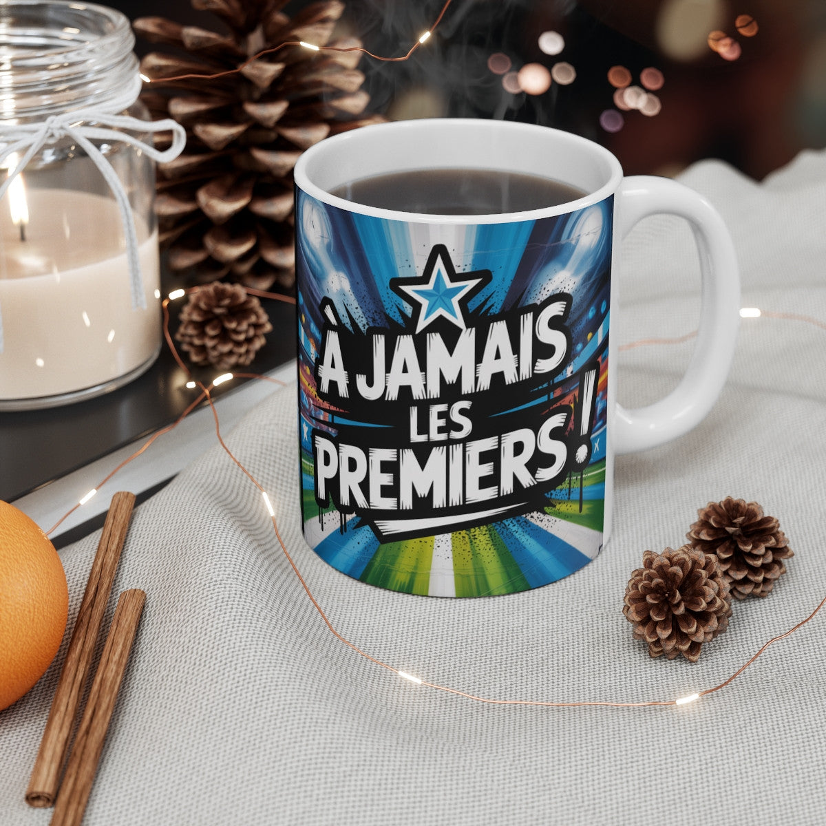 Tasse À Jamais Les Premiers – Mug Supporter Foot 325ml – Cadeau Fan Football Stade Marseillais