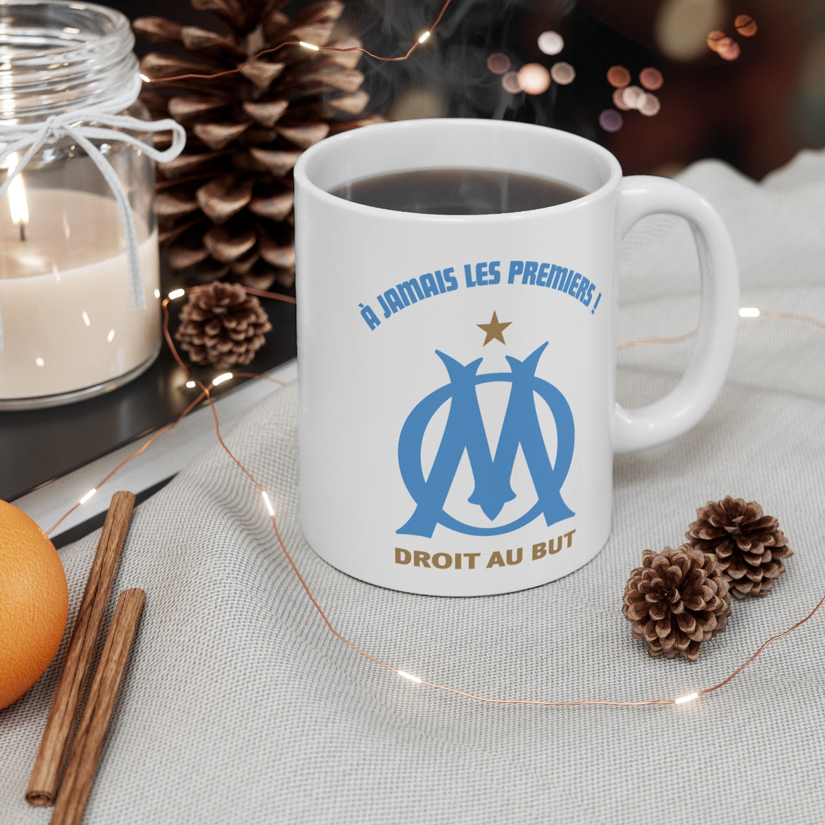 Tasse Supporter Marseille OM – Mug À Jamais Les Premiers 325ml – Cadeau Humour Foot Sud Bleu et Blanc