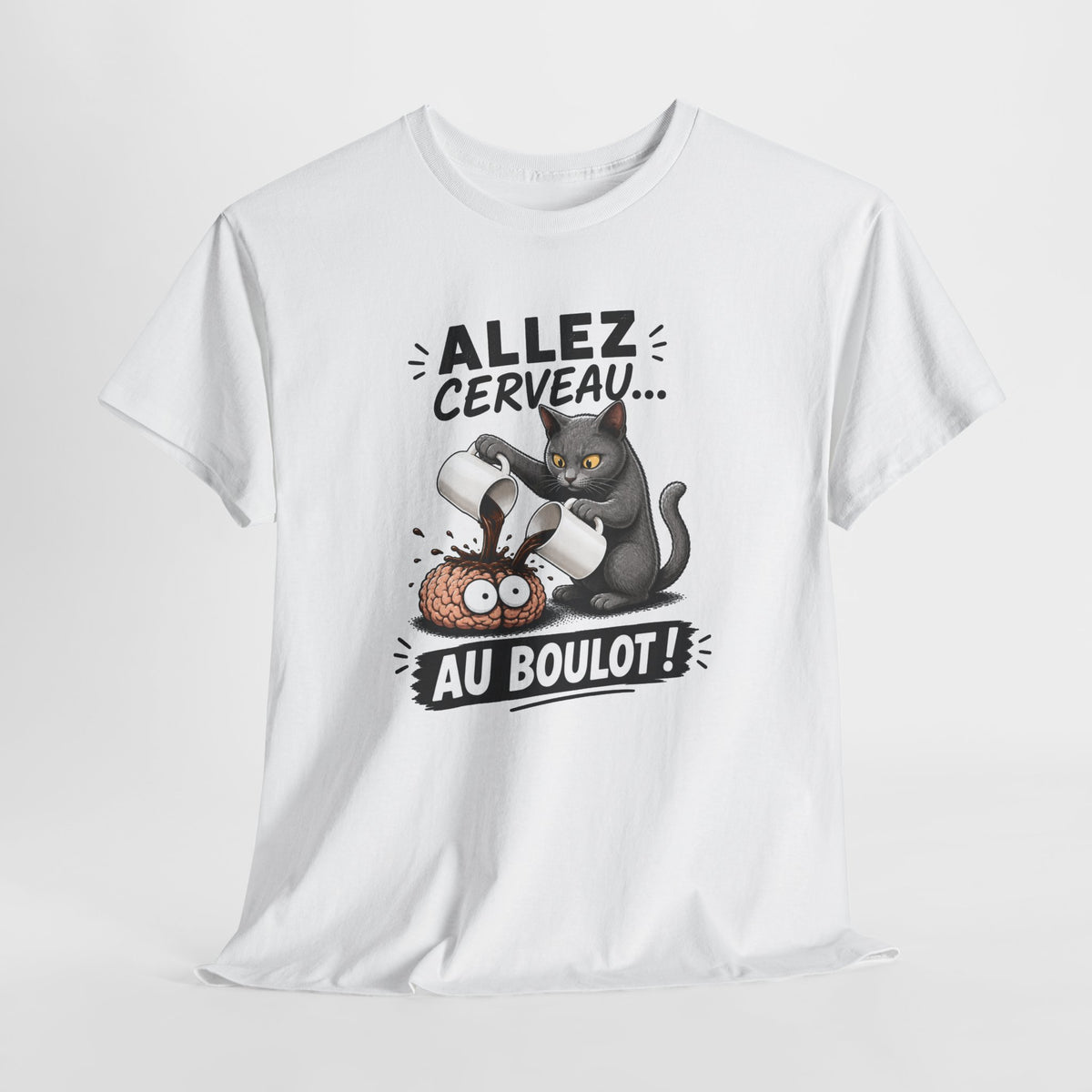 Tee Shirt Humour Homme et Femme – Allez Cerveau au Boulot – T-Shirt Chat Café Fatigue Travail Cadeau Drôle Original