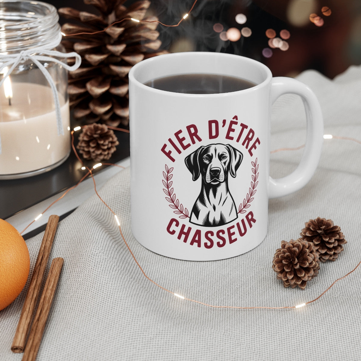 Tasse Chasseur avec Chien Noir – Mug Chasse Feuilles Laurier – Cadeau Cynophile Forêt Gibier 325ml