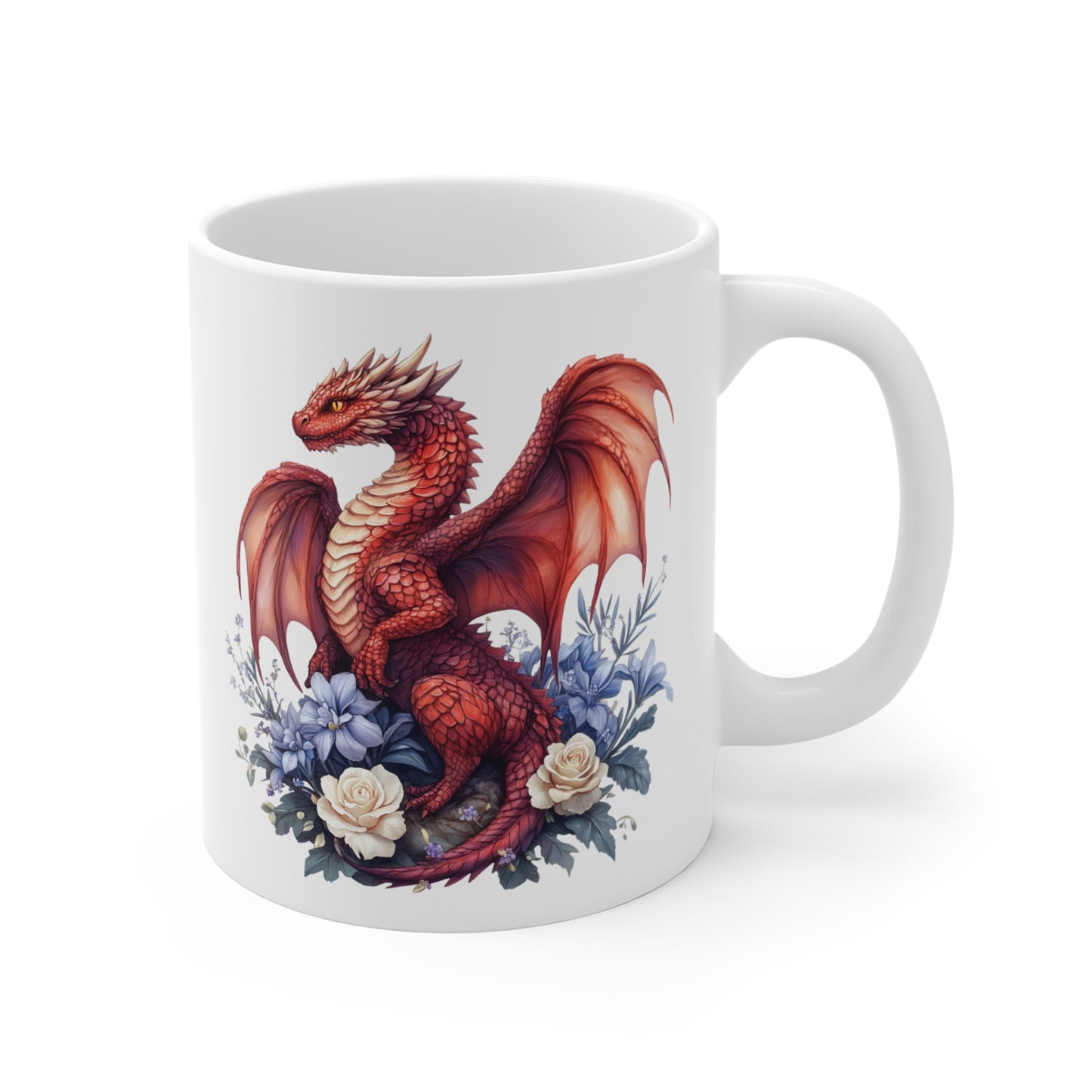 Mug Dragon Rouge et Fleurs Bleues – Tasse Fantasy Élégante et Magique – Cadeau Céramique 325ml