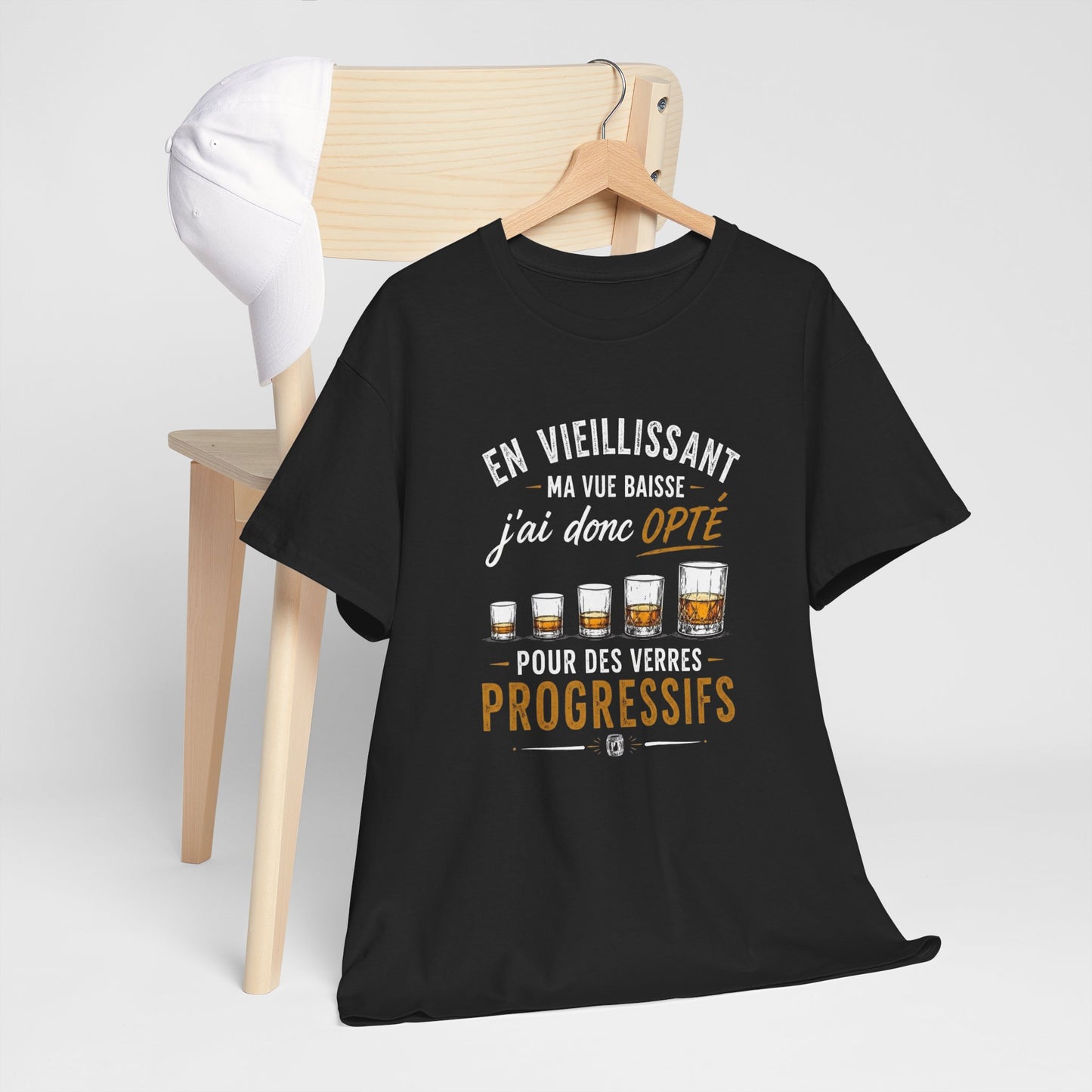 T-Shirt Humour Whisky Verres Progressifs – Tee Shirt Drôle Apéro Alcool Citation Amusante Adulte – Cadeau Ami Amateur Whisky Noir Blanc Gris