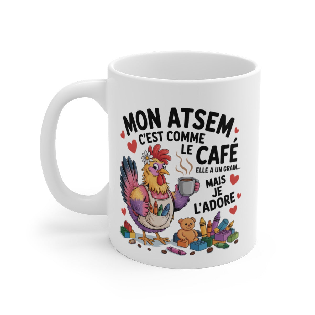 Tasse ATSEM Drôle – Mug Poule Crayons et Jouets – Cadeau Humour Assistante Maternelle École Enfant 325ml