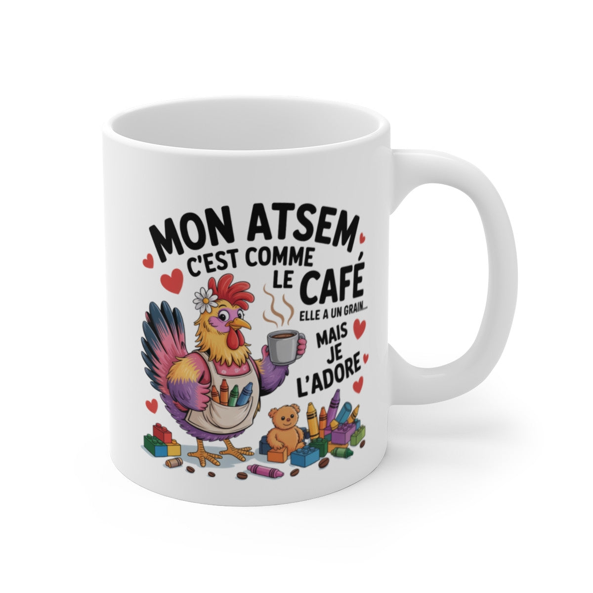 Tasse ATSEM Drôle – Mug Poule Crayons et Jouets – Cadeau Humour Assistante Maternelle École Enfant 325ml