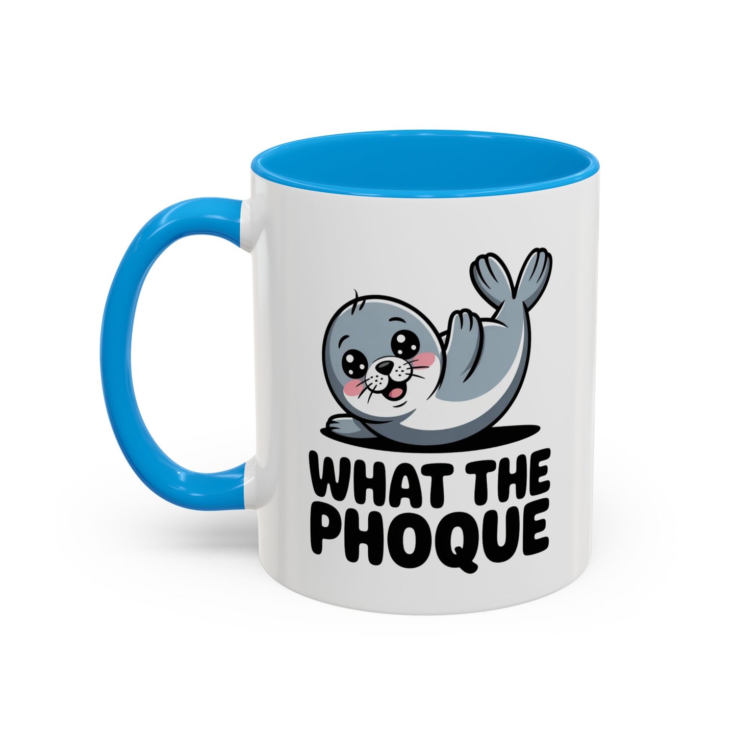 Tasse Phoque Drôle “What the Phoque” – Mug Humour Animal Mignon – Cadeau Original Fun Noir Bleu Rouge 325ml