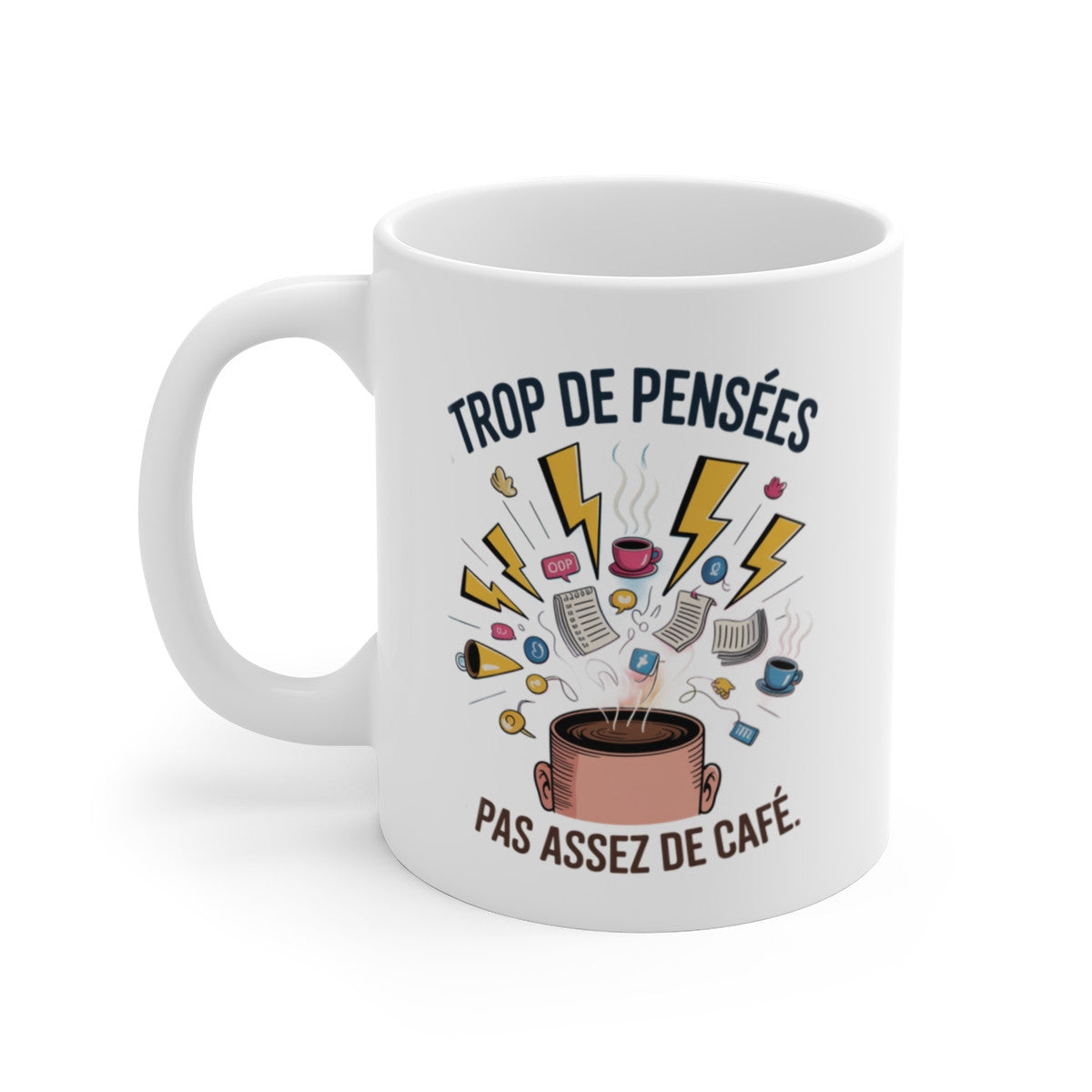 Tasse Trop de Pensées Pas Assez de Café – Mug Drôle Cerveau Débordé – Idée Cadeau Caféine Stress 325ml