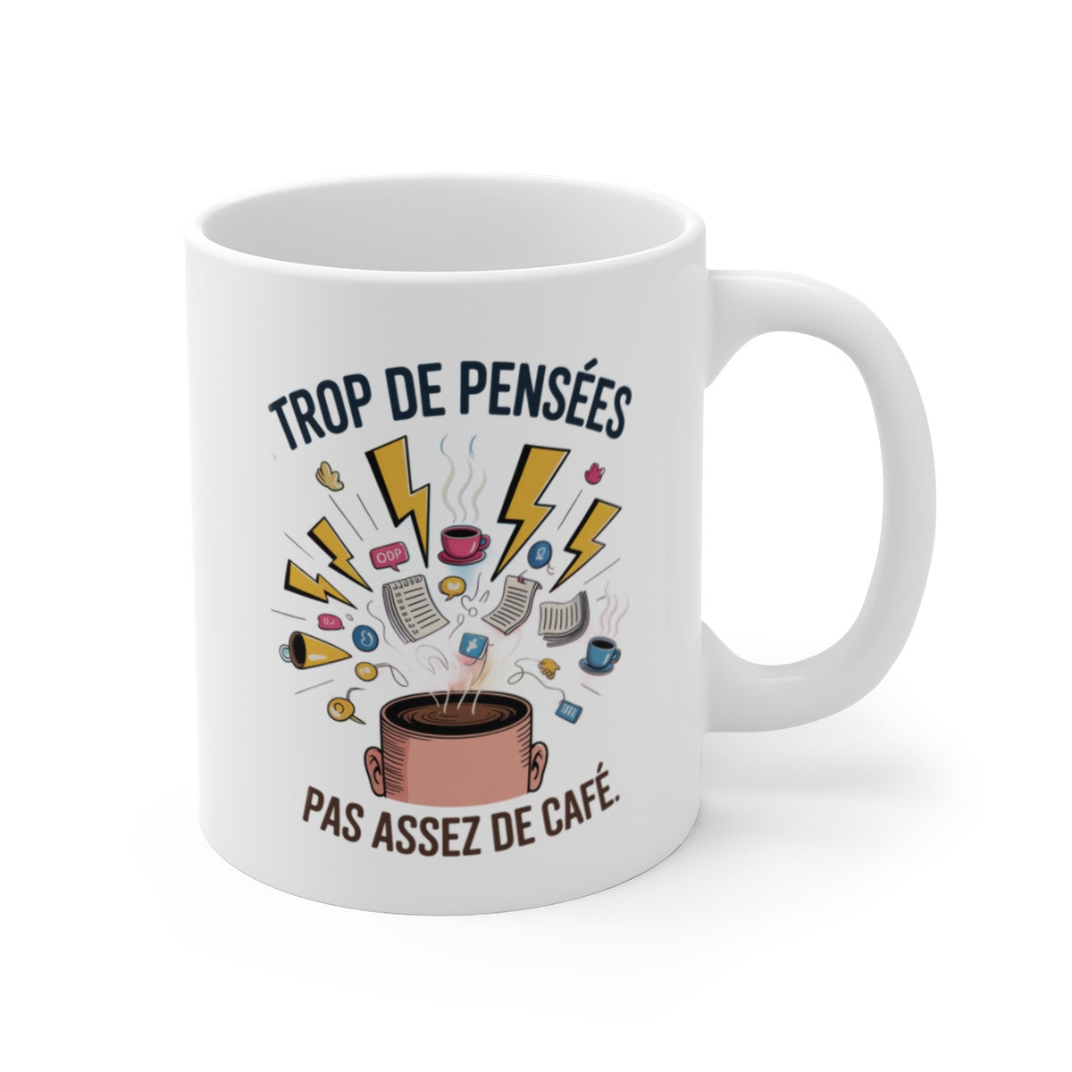 Tasse Trop de Pensées Pas Assez de Café – Mug Drôle Cerveau Débordé – Idée Cadeau Caféine Stress 325ml