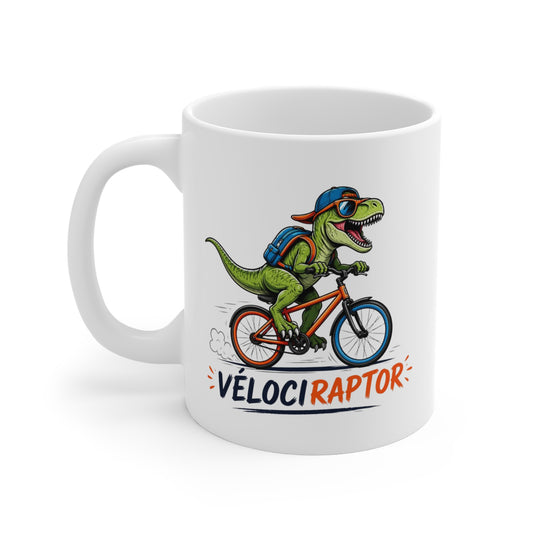 Tasse Vélociraptor Vélo – Mug Dinosaure Cycliste Humoristique – Cadeau Vélo Homme Femme Enfant 325ml