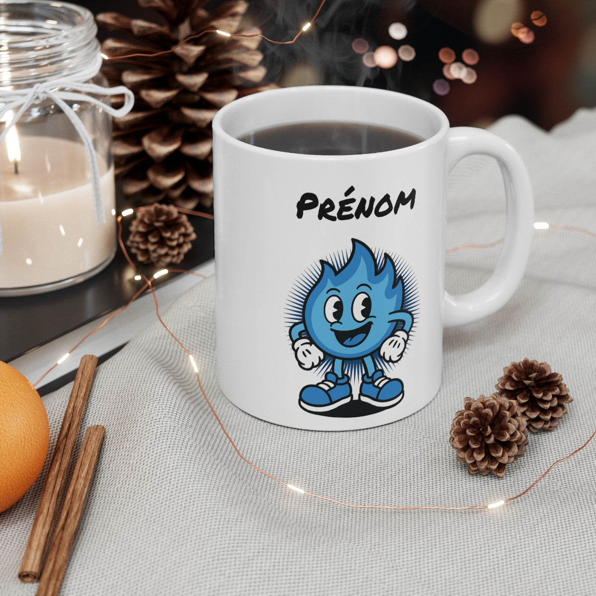 Tasse Personnalisable Flamme Bleue – Mug Cartoon avec Prénom – Cadeau Original Fun Céramique 325ml
