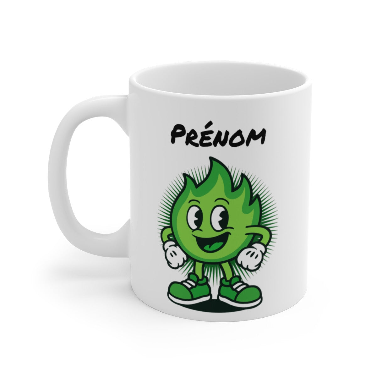 Tasse Personnalisable Flamme Verte – Mug Cartoon avec Prénom – Cadeau Écolo Fun Design 325ml