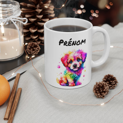 Mug Personnalisé Chiot Coloré 325ml – Tasse Céramique Prénom Chien Arc-en-Ciel Style Aquarelle – Cadeau Animal Mignon