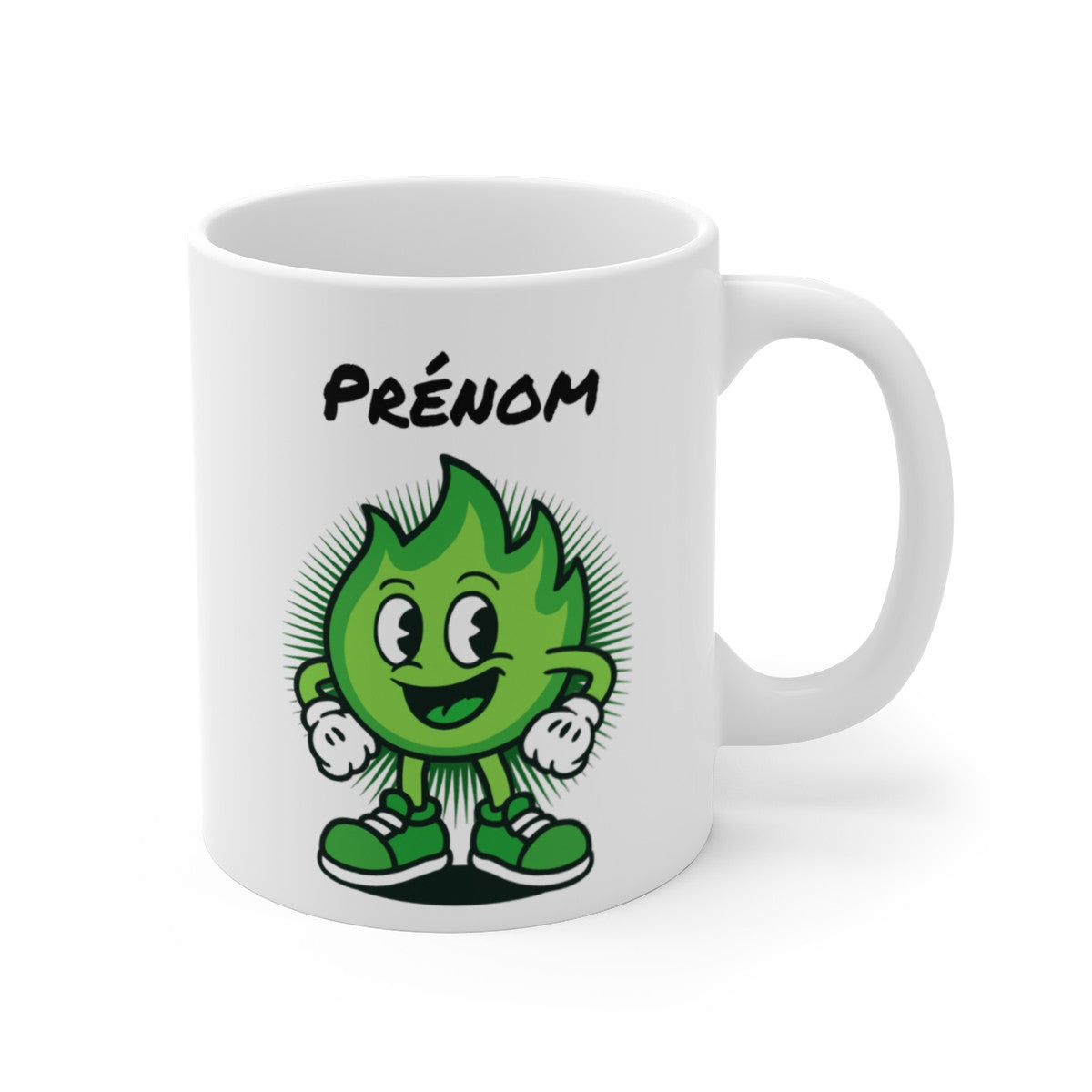 Tasse Personnalisable Flamme Verte – Mug Cartoon avec Prénom – Cadeau Écolo Fun Design 325ml