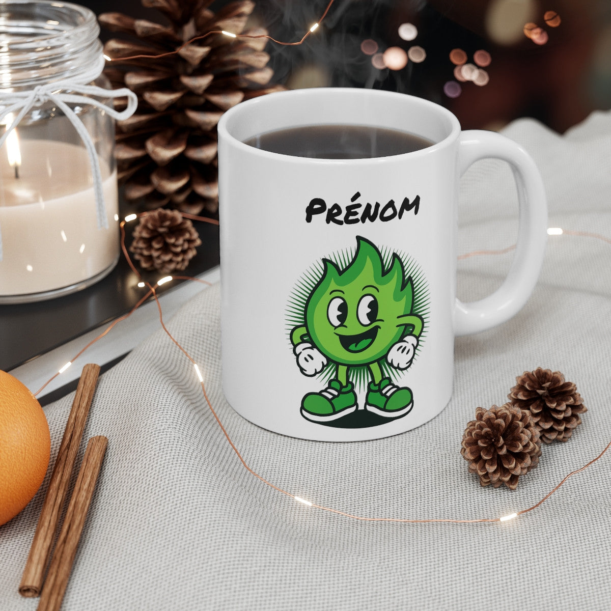 Tasse Personnalisable Flamme Verte – Mug Cartoon avec Prénom – Cadeau Écolo Fun Design 325ml