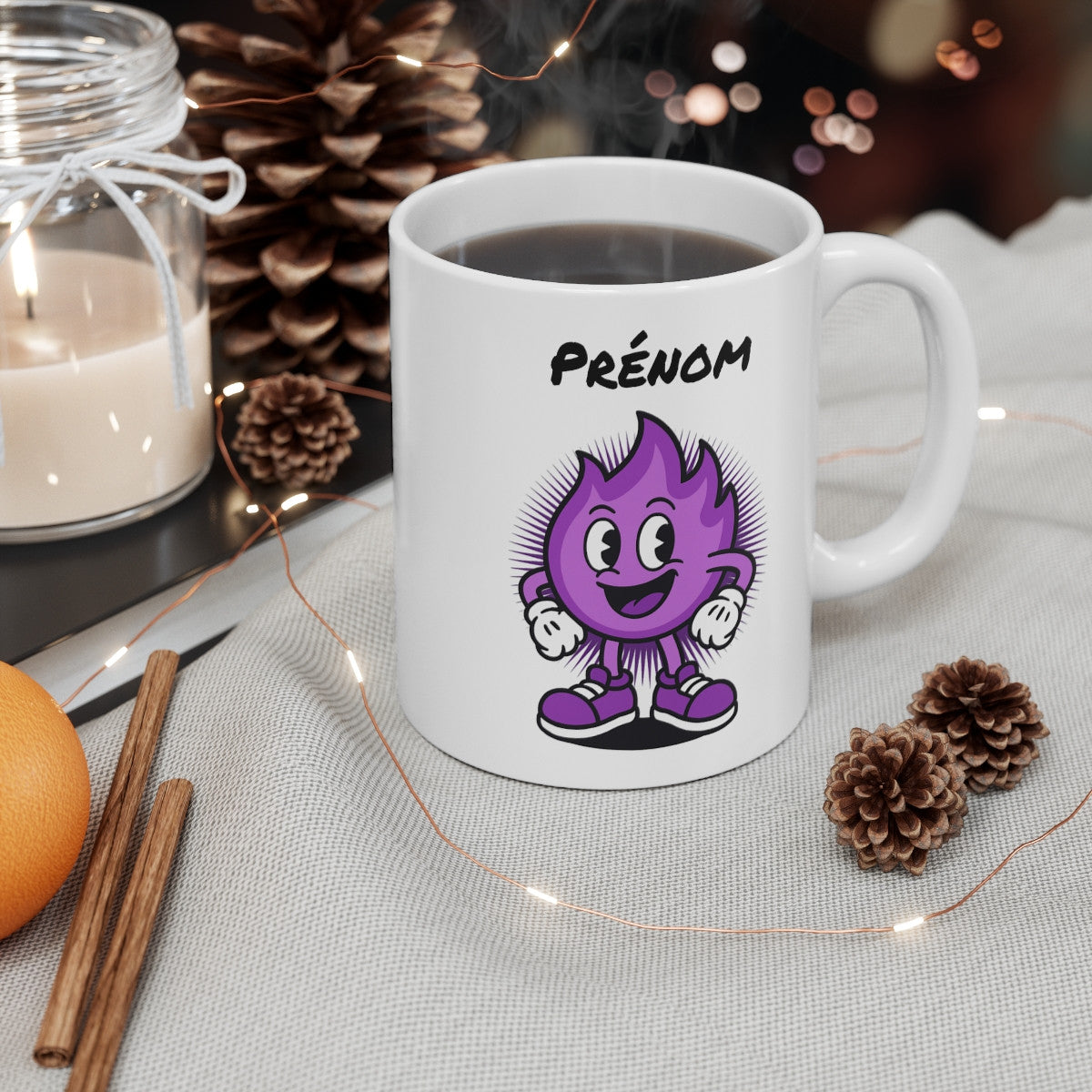 Tasse Personnalisable Flamme Violette – Mug Cartoon avec Prénom – Cadeau Fun Original 325ml