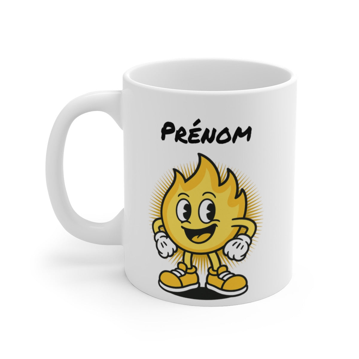 Tasse Personnalisable Flamme Jaune – Mug Cartoon avec Prénom – Cadeau Fun Solaire 325ml