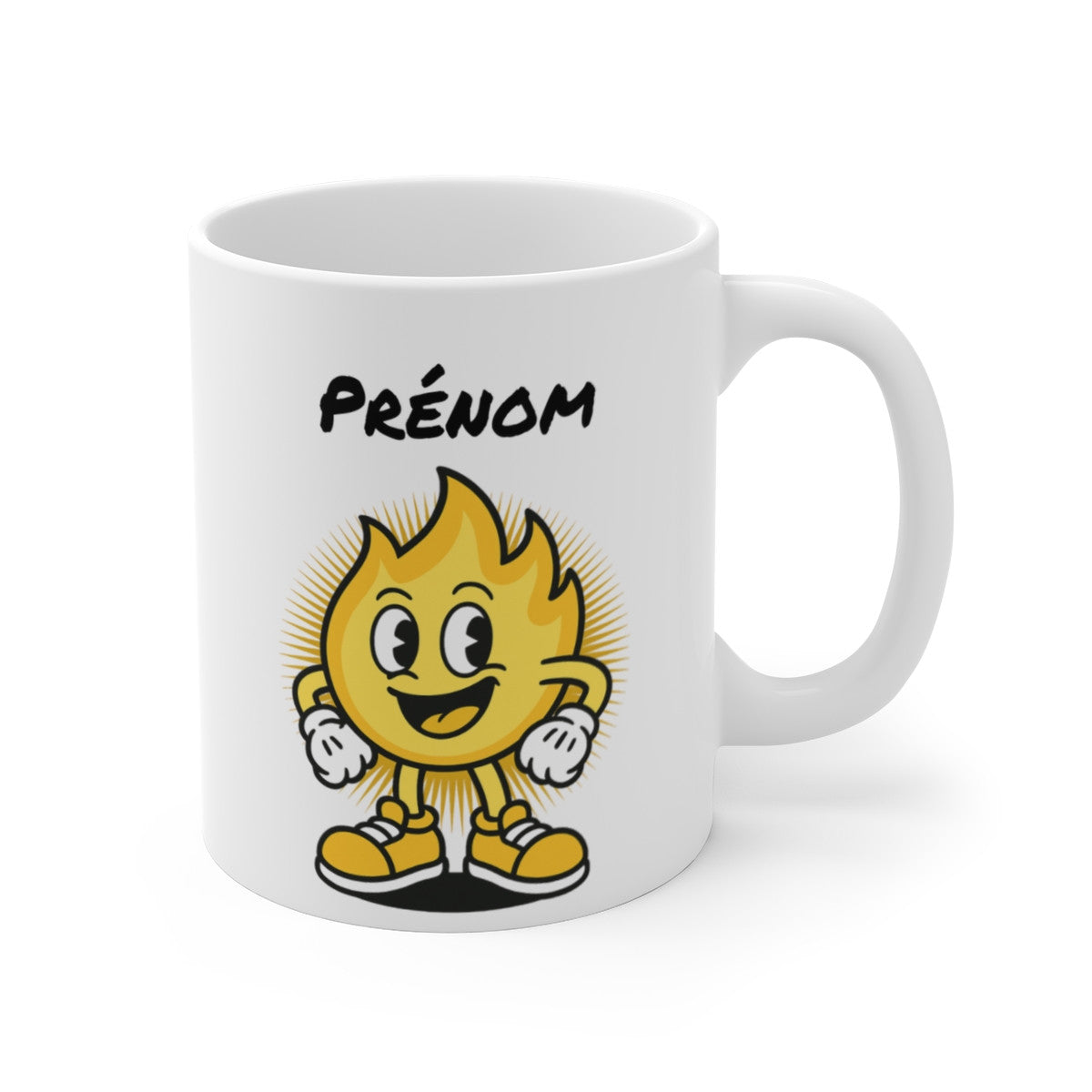 Tasse Personnalisable Flamme Jaune – Mug Cartoon avec Prénom – Cadeau Fun Solaire 325ml