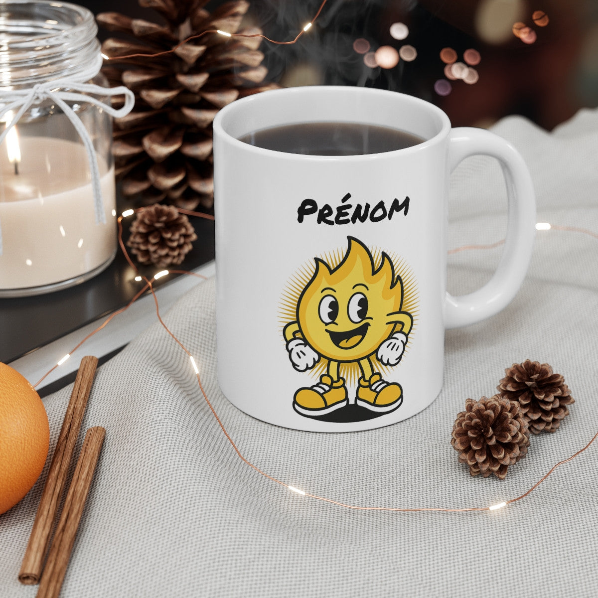 Tasse Personnalisable Flamme Jaune – Mug Cartoon avec Prénom – Cadeau Fun Solaire 325ml