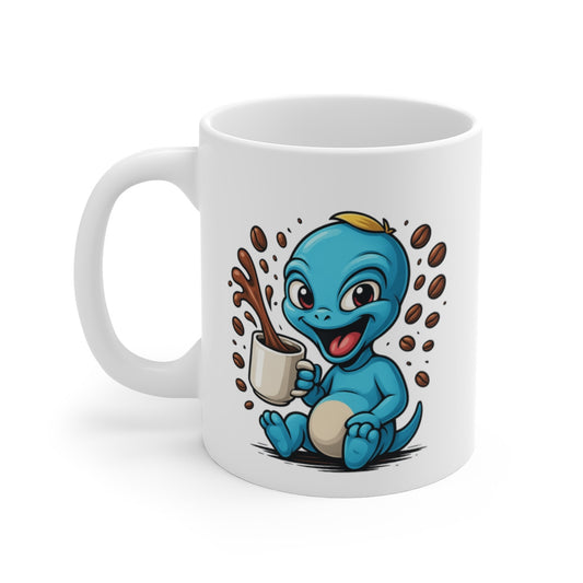 Mug Alien Caféiné – Petit Extraterrestre Rigolo – Design Cartoon avec Tasse et Grains de Café