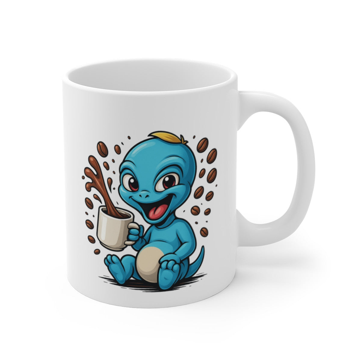 Mug Alien Caféiné – Petit Extraterrestre Rigolo – Design Cartoon avec Tasse et Grains de Café