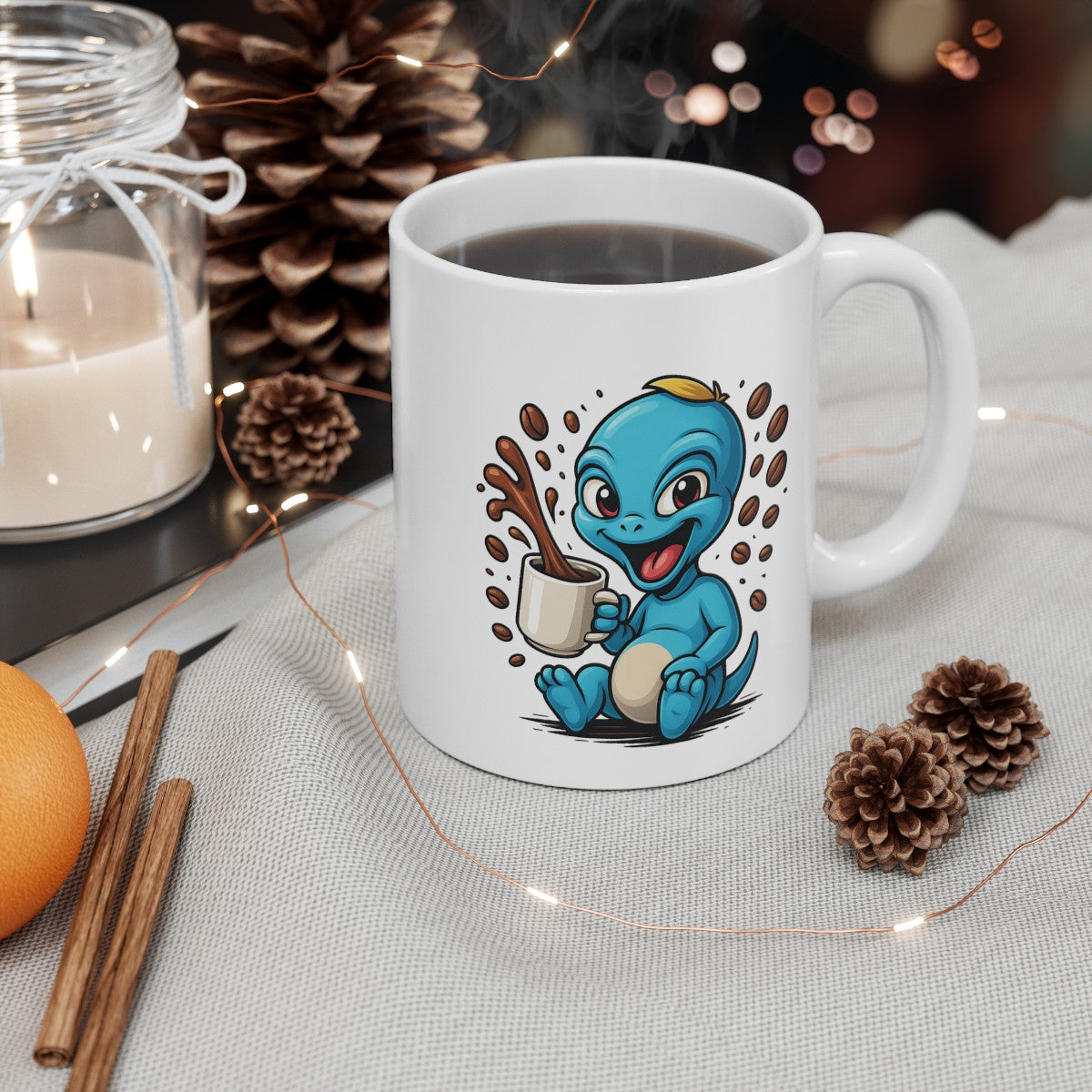 Mug Alien Caféiné – Petit Extraterrestre Rigolo – Design Cartoon avec Tasse et Grains de Café