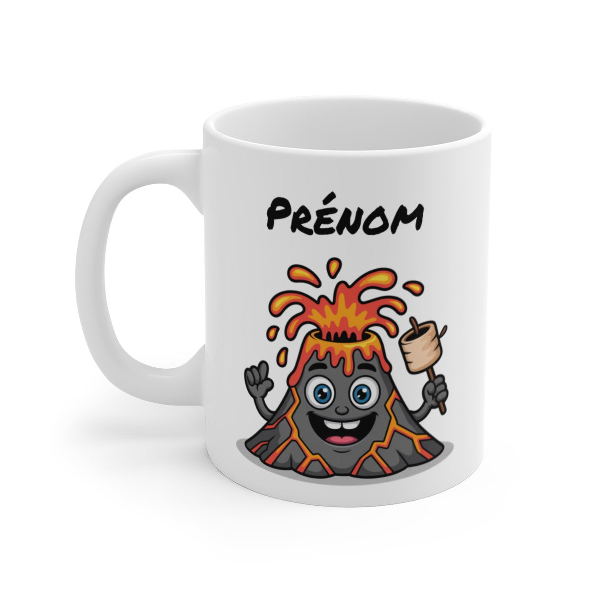 Tasse Personnalisable Volcan en Éruption – Mug Cartoon Feu et Guimauve avec Prénom – Cadeau Chaud Drôle 325ml
