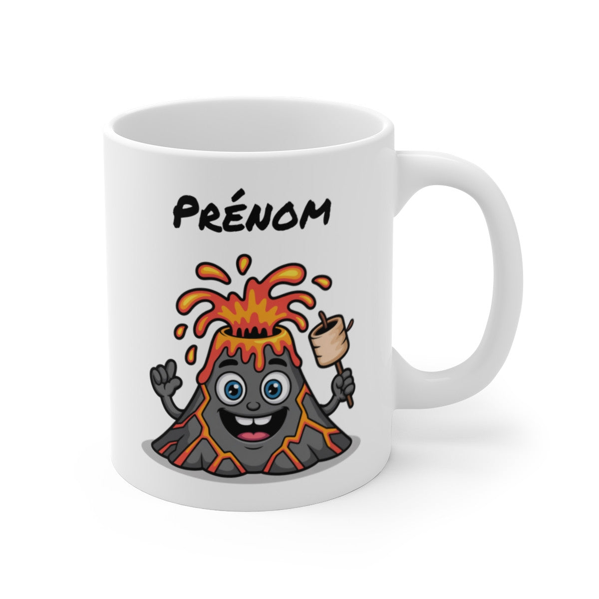 Tasse Personnalisable Volcan en Éruption – Mug Cartoon Feu et Guimauve avec Prénom – Cadeau Chaud Drôle 325ml
