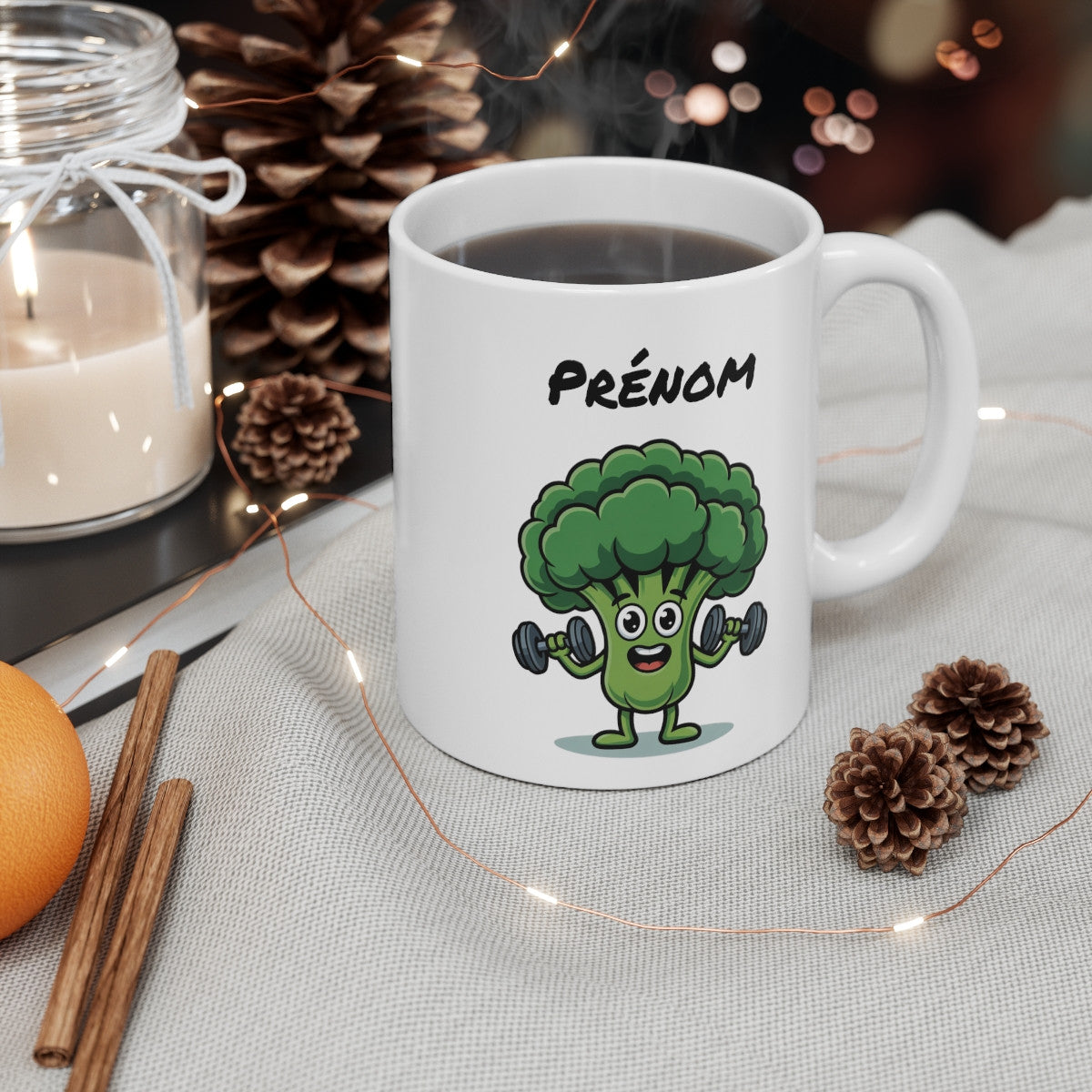 Mug Personnalisé Brocoli Musclé – Design Cartoon Sportif et Végétal – Illustration Fun avec Prénom