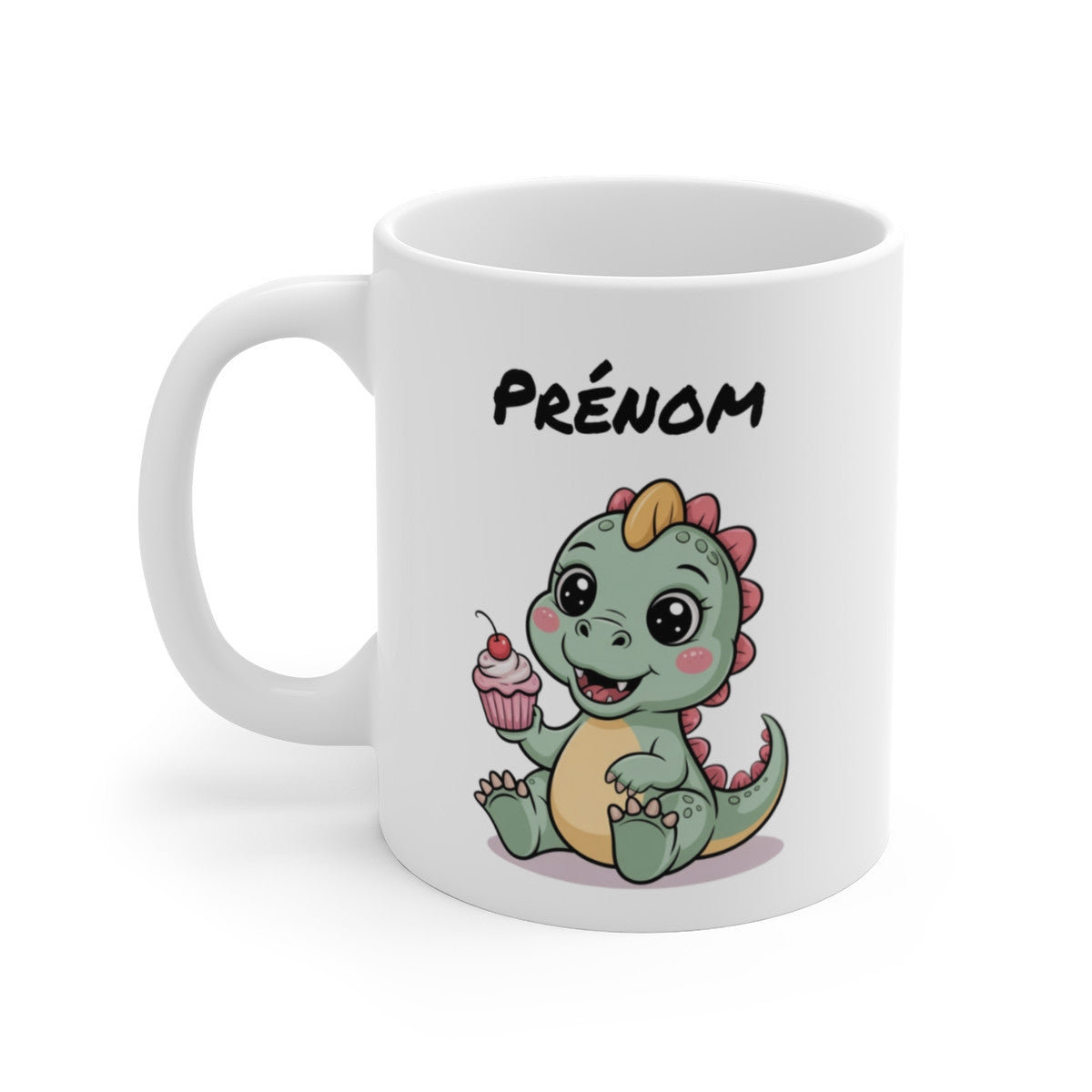 Mug Personnalisé Dinosaure Cupcake – Design Enfant Kawaii – Illustration Gourmande et Colorée avec Prénom