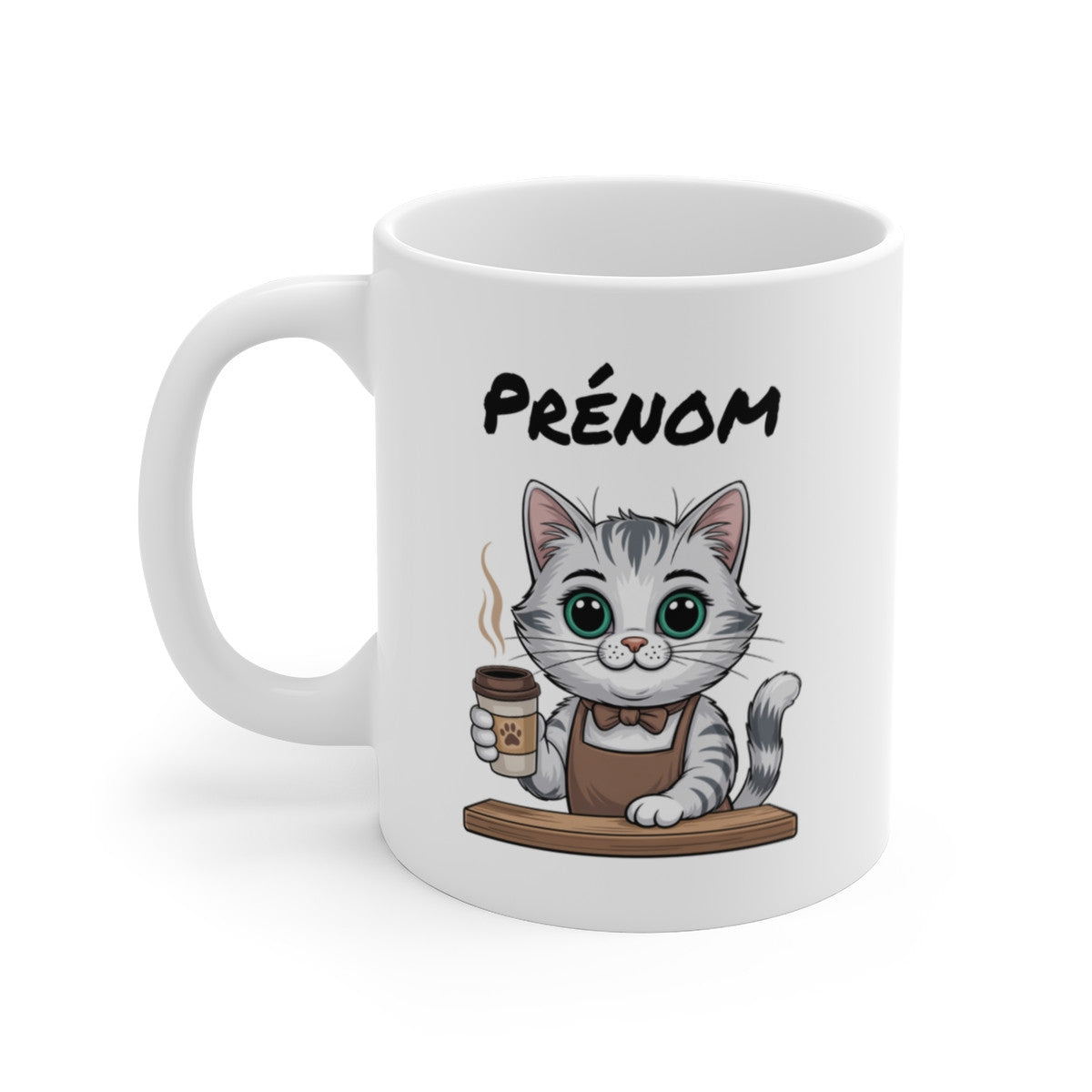 Tasse Personnalisable Chat Barista – Mug Prénom Café Matin – Cadeau Mignon Amoureux des Chats 325ml