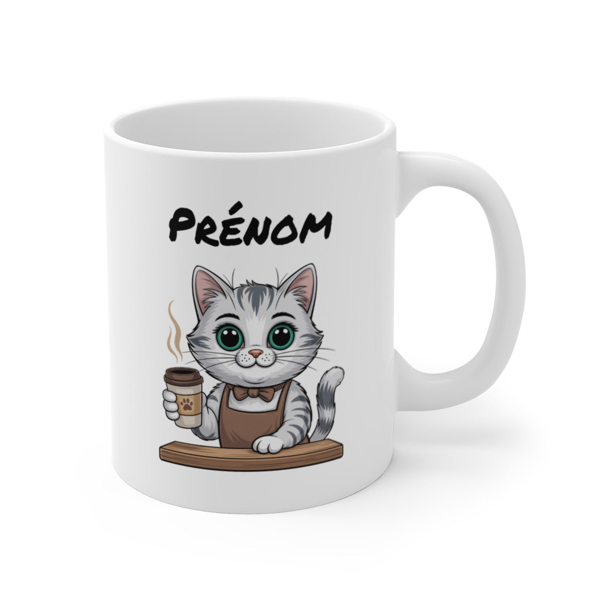 Tasse Personnalisable Chat Barista – Mug Prénom Café Matin – Cadeau Mignon Amoureux des Chats 325ml