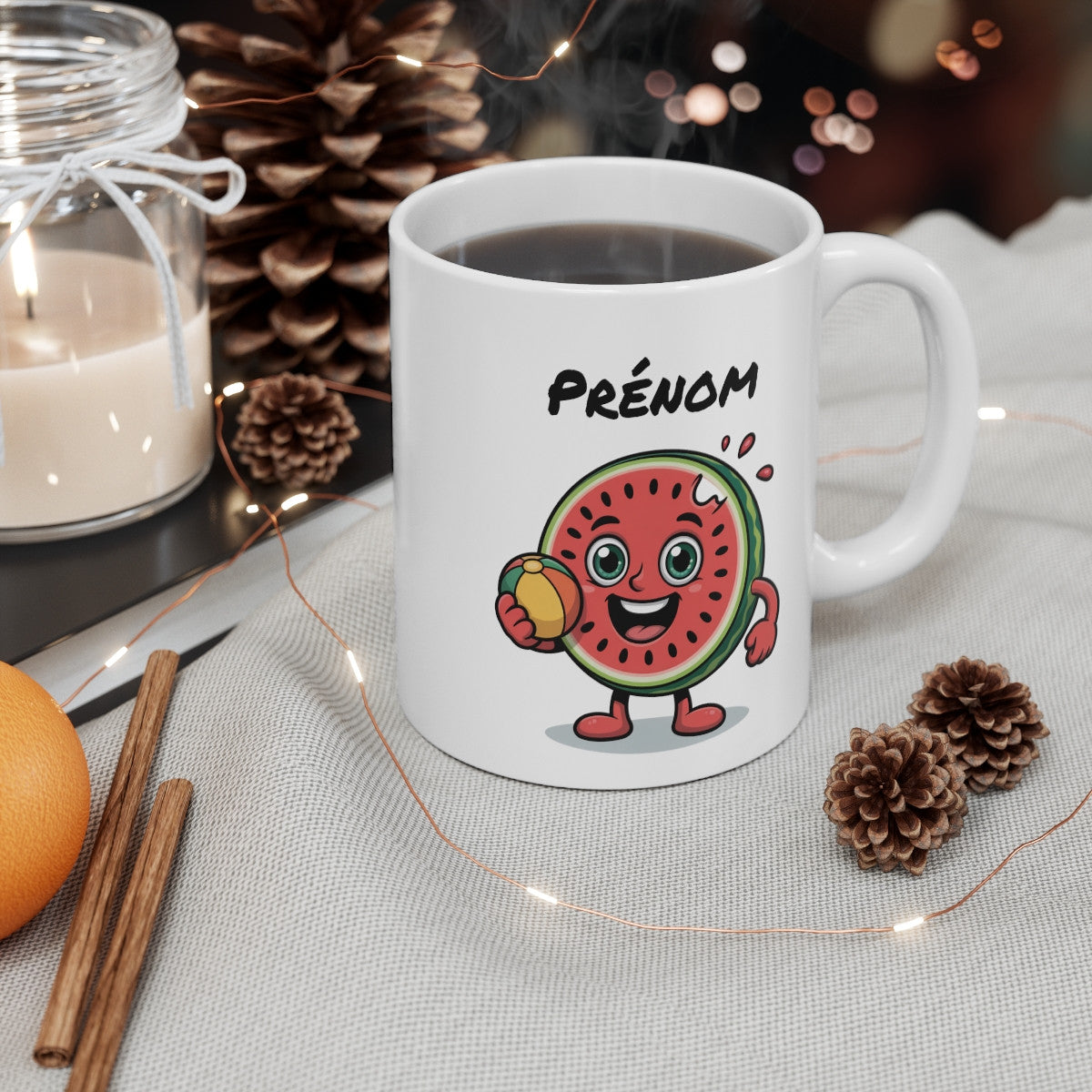 Mug Personnalisé Pastèque d’Été – Tasse Fruitée avec Prénom – Illustration Mignonne Vacances et Soleil