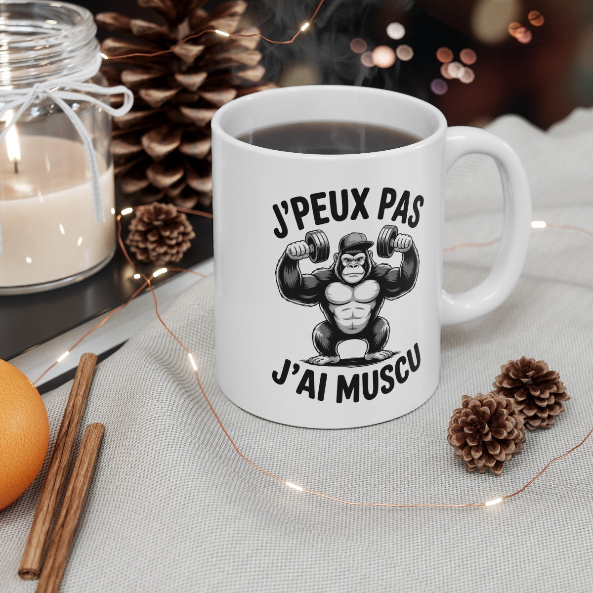 Mug J’Peux Pas J’ai Muscu – Gorille Bodybuildé avec Haltères – Cadeau Original Musculation Sport