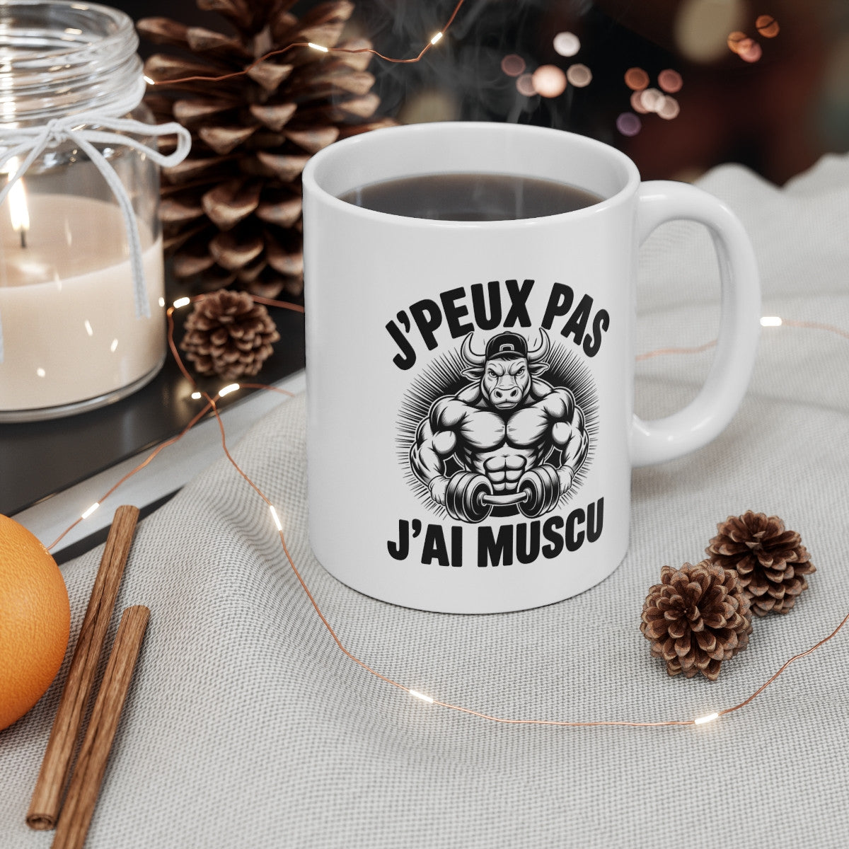 Mug J’peux Pas J’ai Muscu – Tasse Céramique Taureau Bodybuilding – Cadeau Sportif Humour Fitness 325ml
