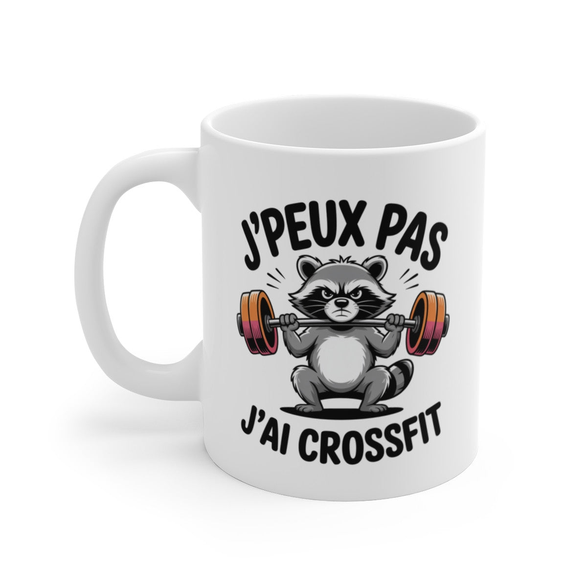 Mug J’peux Pas J’ai Crossfit – Raton Laveur Haltères – Tasse Humour Sport Céramique 325ml