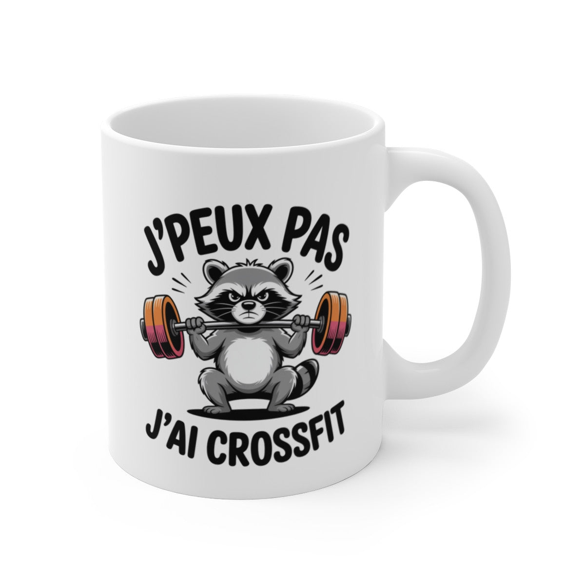Mug J’peux Pas J’ai Crossfit – Raton Laveur Haltères – Tasse Humour Sport Céramique 325ml