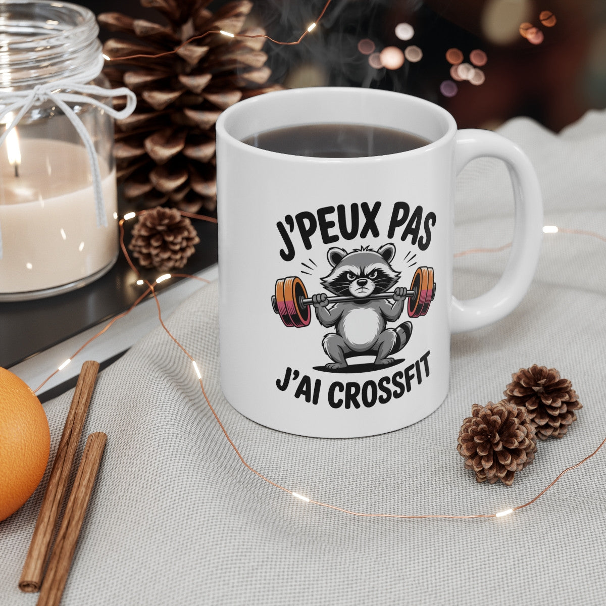 Mug J’peux Pas J’ai Crossfit – Raton Laveur Haltères – Tasse Humour Sport Céramique 325ml
