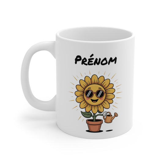 Mug Personnalisé Tournesol Souriant – Fleur Kawaii avec Lunettes – Tasse Bonne Humeur 325ml