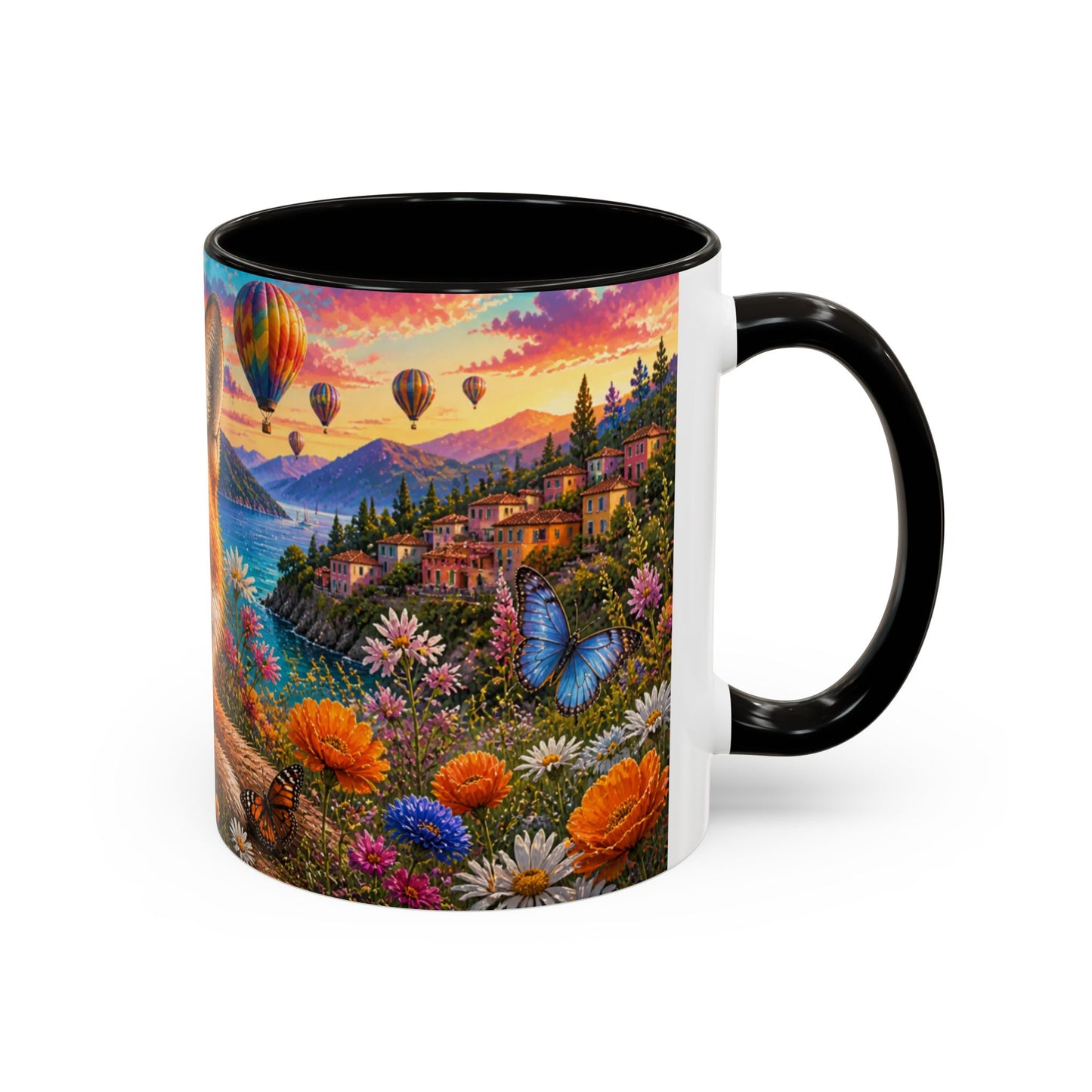 Tasse Renard et Fleurs Colorées – Mug Animal Nature et Montgolfières – Design Artistique Féérique – Céramique 325ml