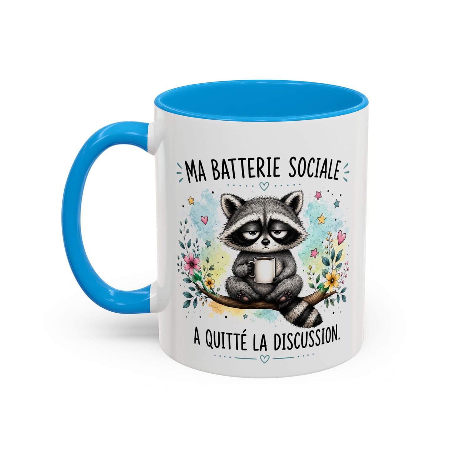 Tasse Raton Laveur Drôle Homme Femme – Mug Ma batterie sociale a quitté la discussion – Cadeau Humour Introverti 325 ml