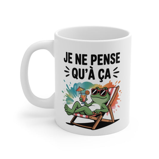 Mug Humour Été – “Je ne pense qu’à ça” – Grenouille Chill & Splash Coloré
