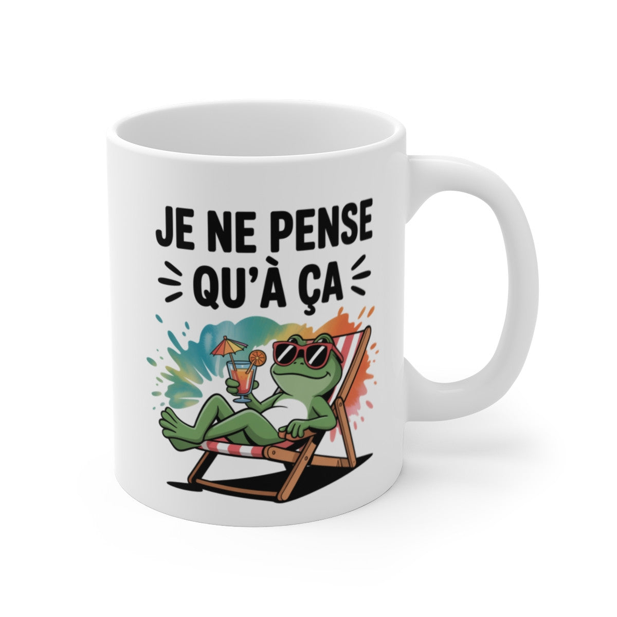 Mug Humour Été – “Je ne pense qu’à ça” – Grenouille Chill & Splash Coloré