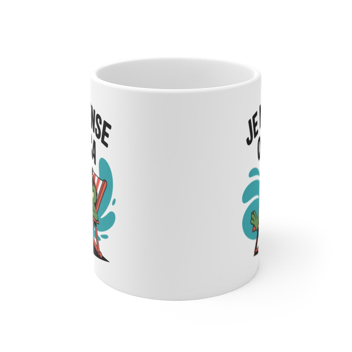 Mug “Je ne pense qu’à ça” – Grenouille Transat & Cocktail – Éclaboussures Bleues